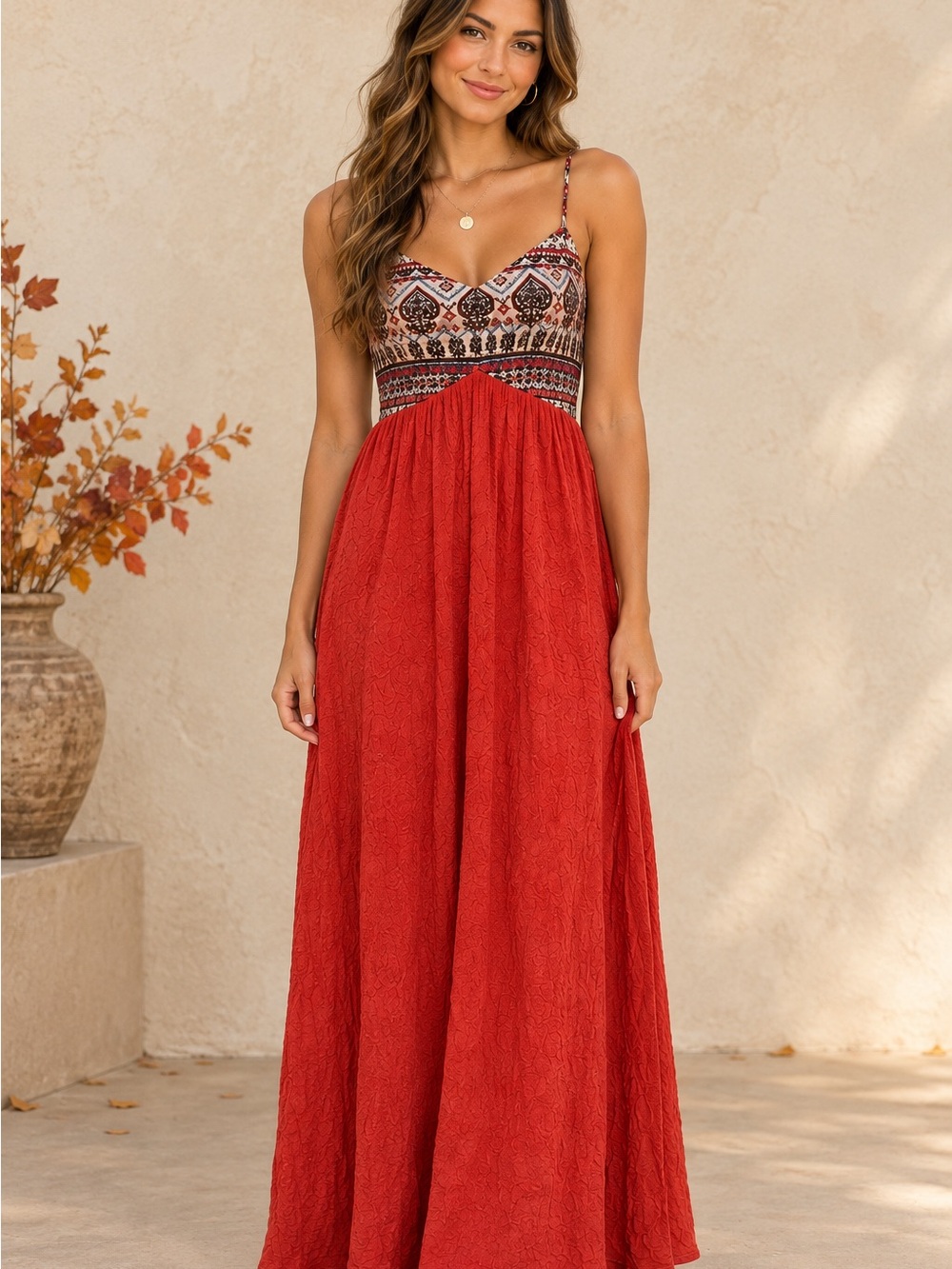 Xhilaration Rust Red Maxi Dress with Embroidered Bodice